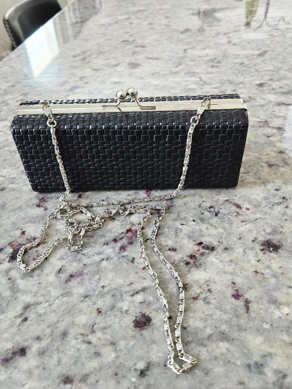 Vintage Black Woven Kiss Lock Clutch - Retro Mini Evening Bag W/ Chain Strap - Picture 6 of 12
